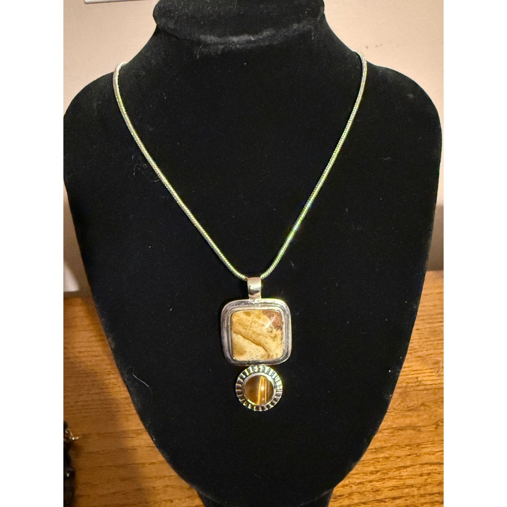 Roman Silver Tone‎ Picture Jasper and Tigers Eye Pendant Snake Chain Necklace